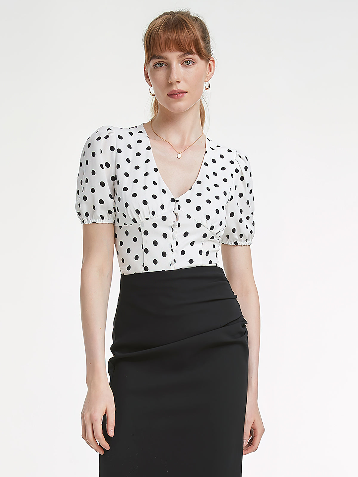Thecomense - Short Sleeve V Neck Button Front Polka Dot Contour Top