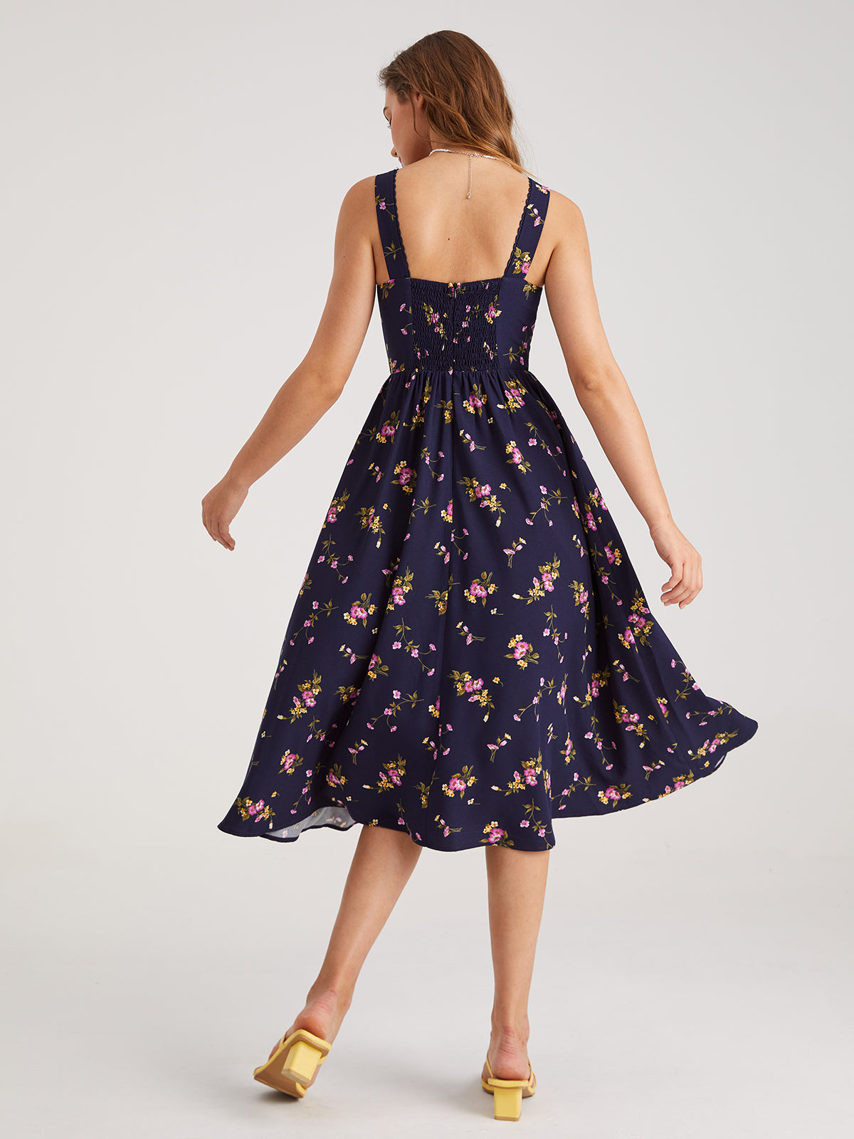 Thecomense - Floral Front Hook-and-Eye Zip Up Square Neck Midi Dress
