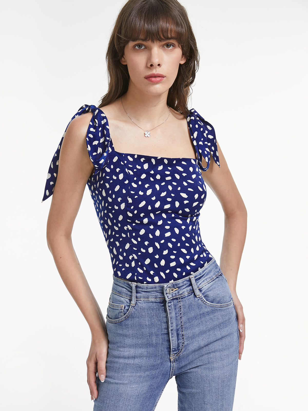 Thecomense - Light Petal Square Neck Tie Strap Contour Top
