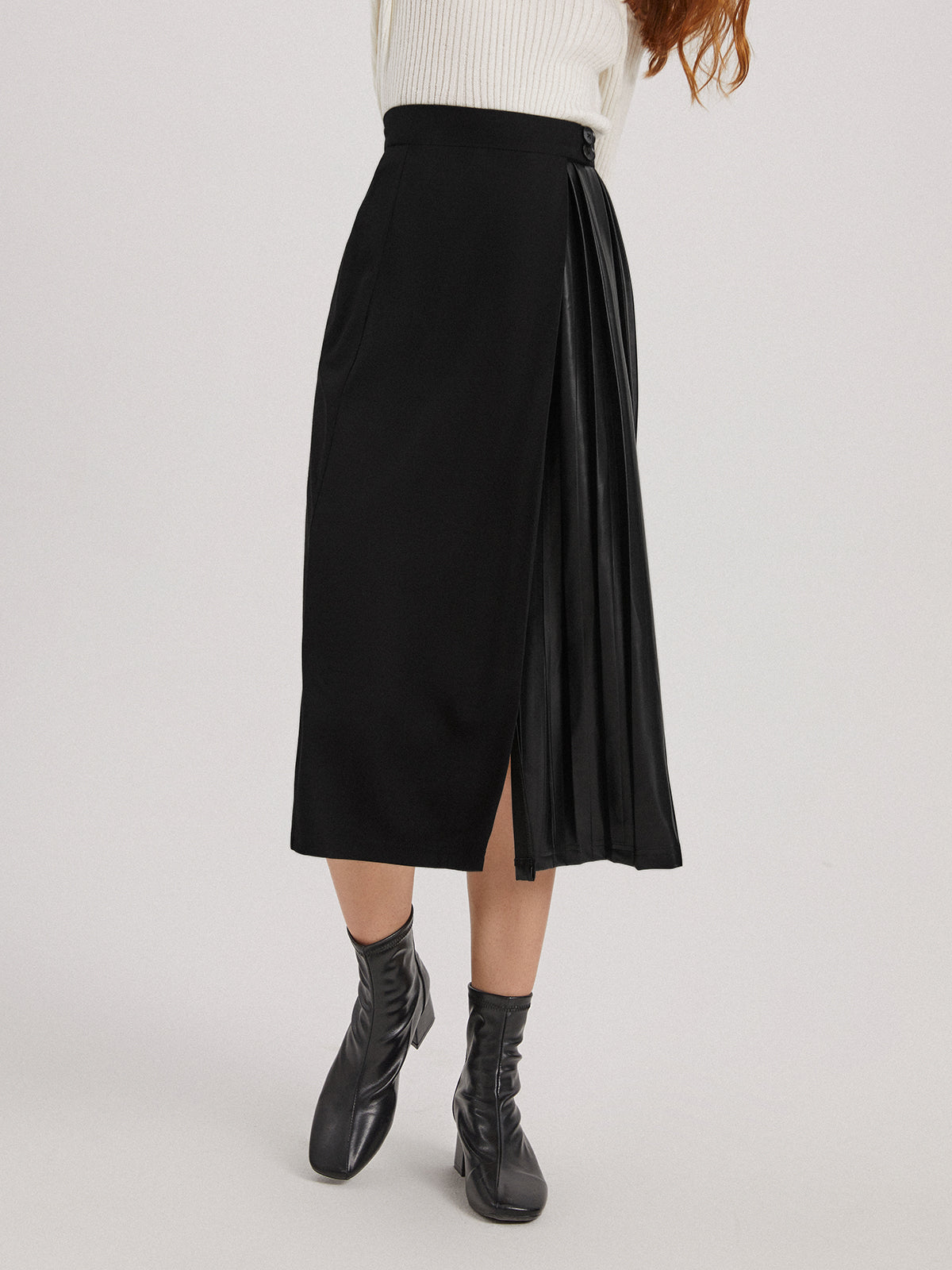 Thecomense - Faux Leather Slit Skirt