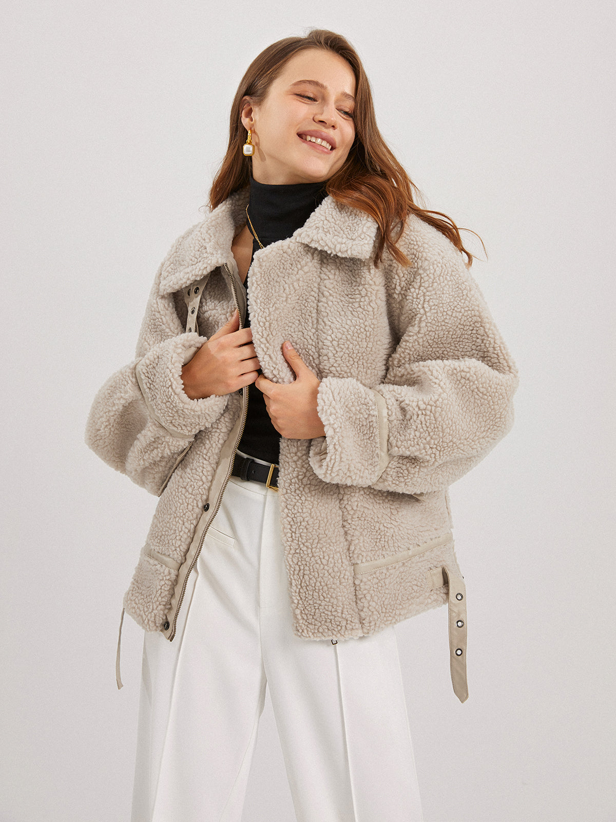 Thecomense - Fuzzy Fleece Collared Jacket