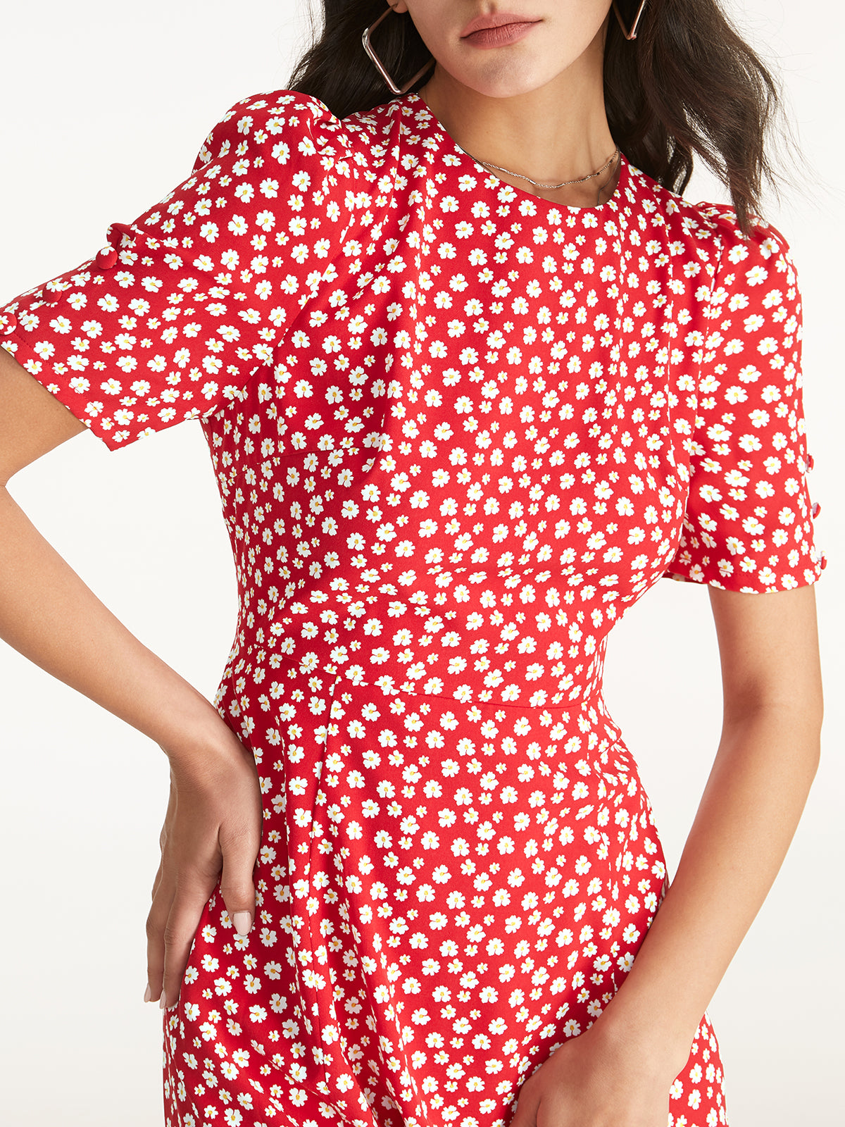 Thecomense - Straight Neck Short Puff Sleeve A Line Mini Dress