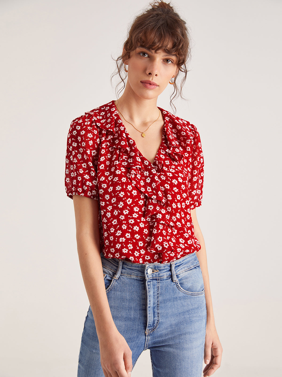 Thecomense - V-Neck Floral Ruffle Top