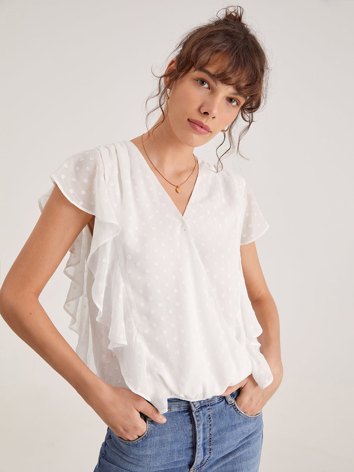 Thecomense - V-Neck Polka Dot Flutter Sleeve Top
