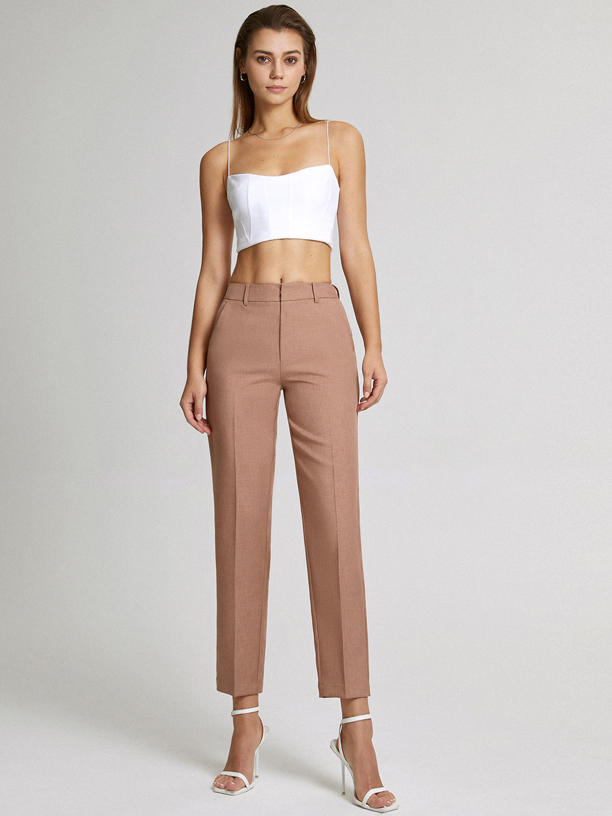 Thecomense - High Waisted Cropped Skinny Straight Leg Trousers