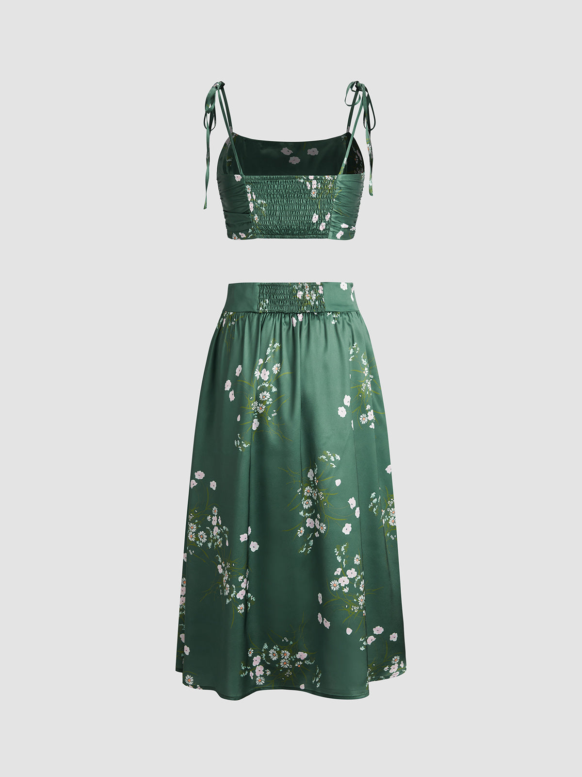 Thecomense - Emerald Green Floral Satin Two Piece Matching Set