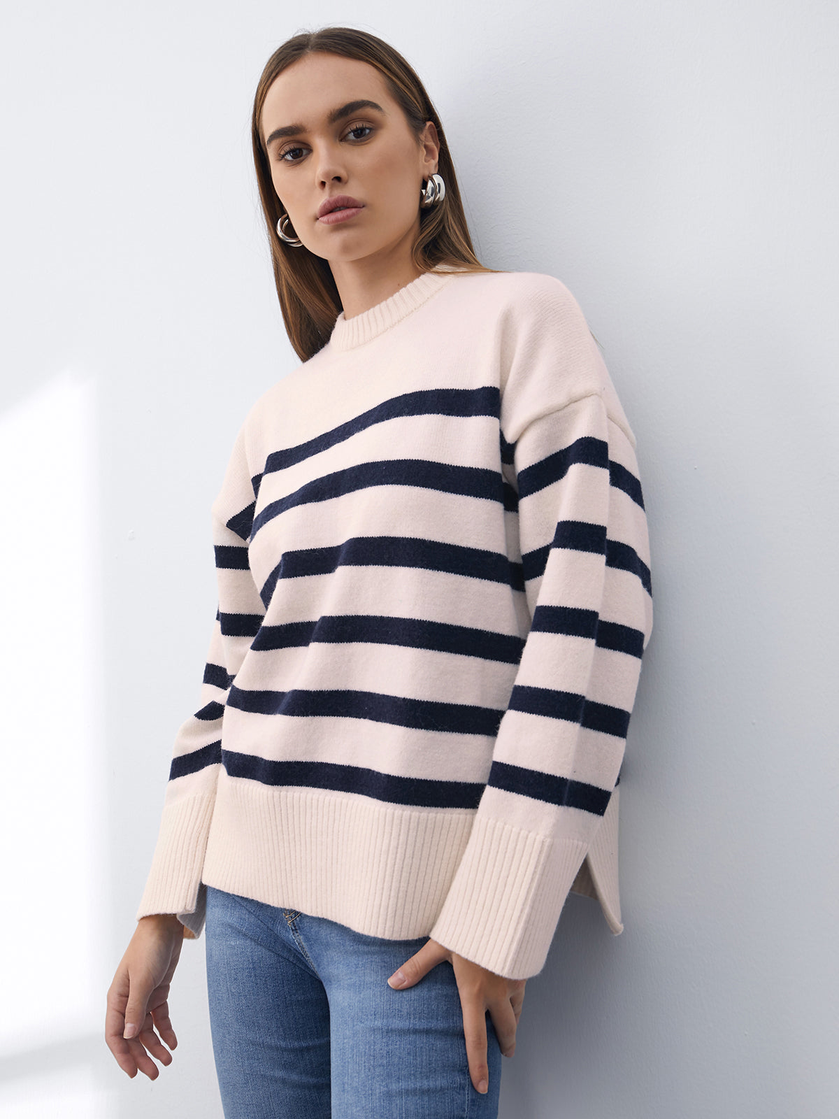 Thecomense - Drop Shoulder Striped Sweater