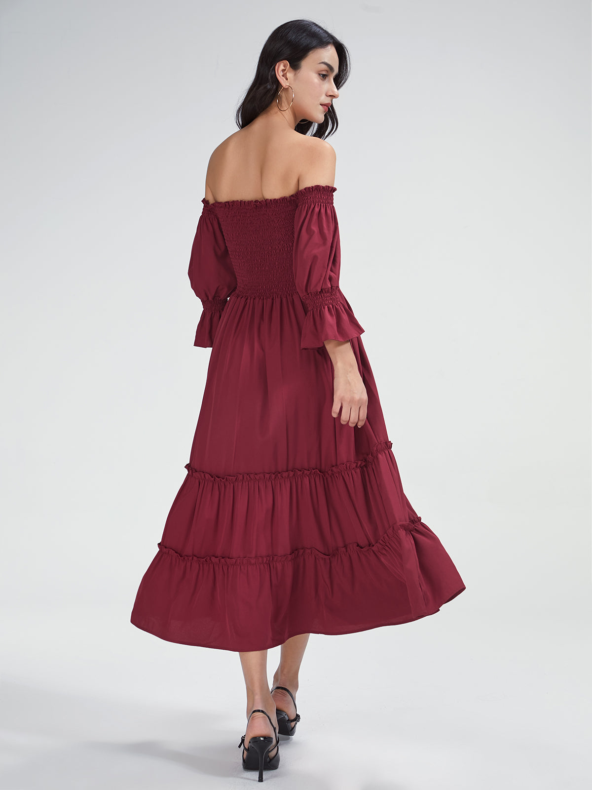 Thecomense - Off The Shoulder Long Puff Sleeve Layer Pleat Dress