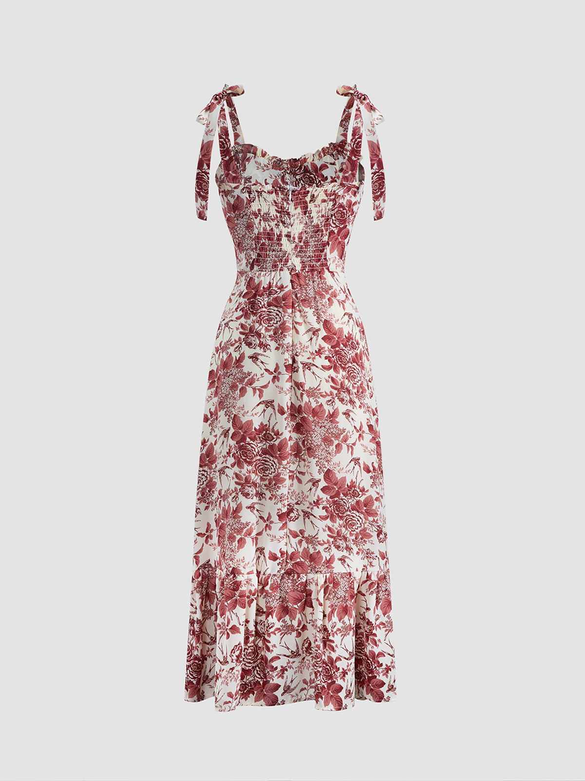 Thecomense - Rosy Bush Floral Tie Shoulder Midi Dress