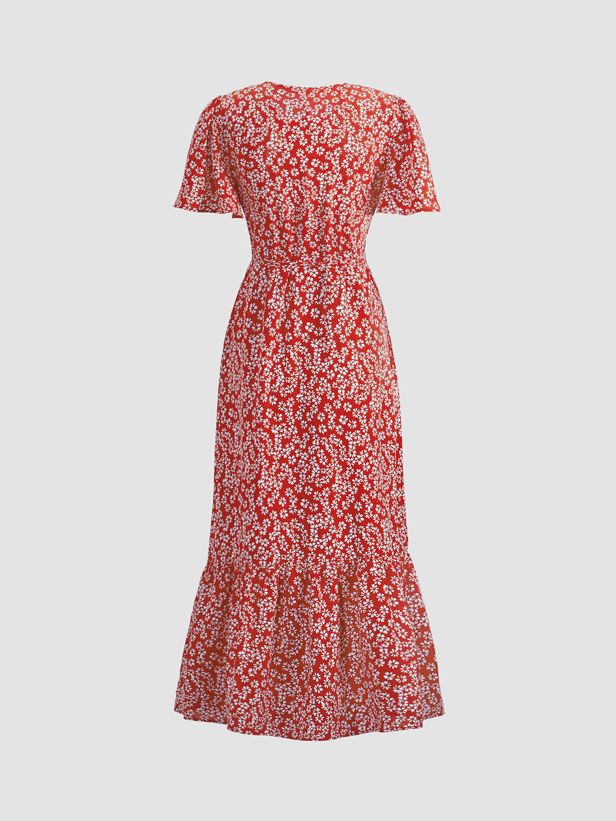 Thecomense - Ruby Daisies Floral Ruffle Hem Wrap Midi Dress