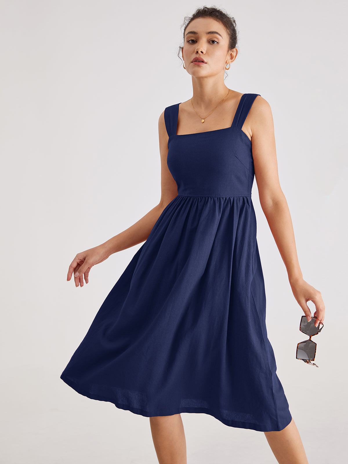 Thecomense - Square Neck A Line Pleat Strap Dress