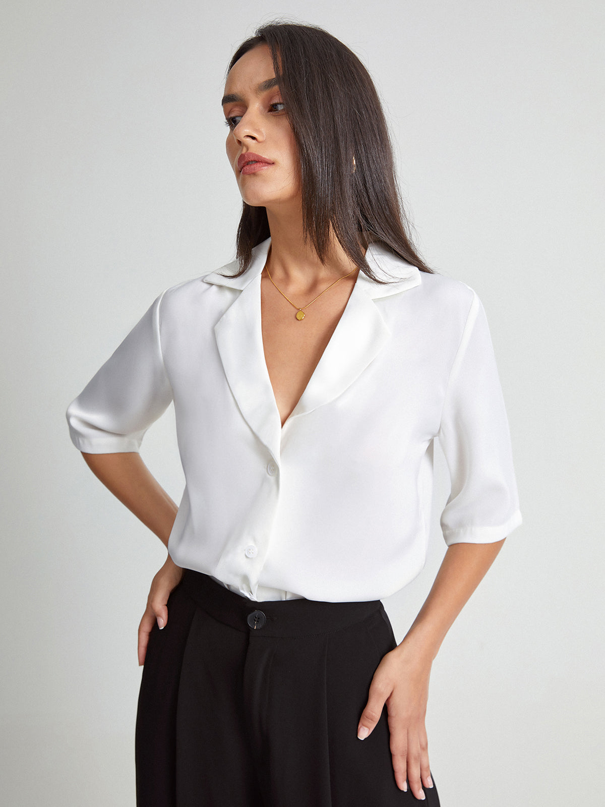 Thecomense - Quarter Sleeve Deep V Notch Lapel Blazer Shirt