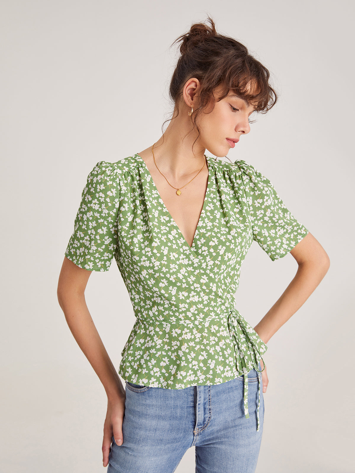 Thecomense - Floral Shoulder Pleat Wrap Top
