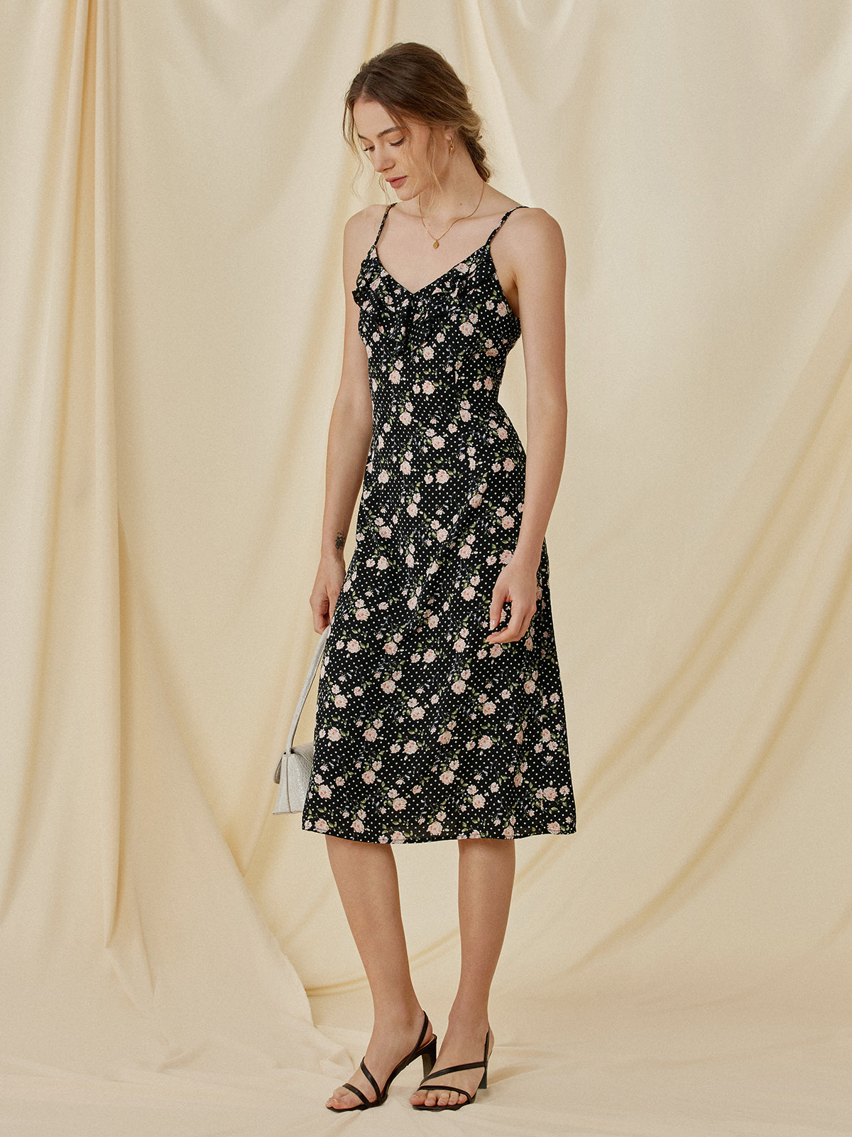 Thecomense - Zip Up Floral Ruffle Strap Midi Dress
