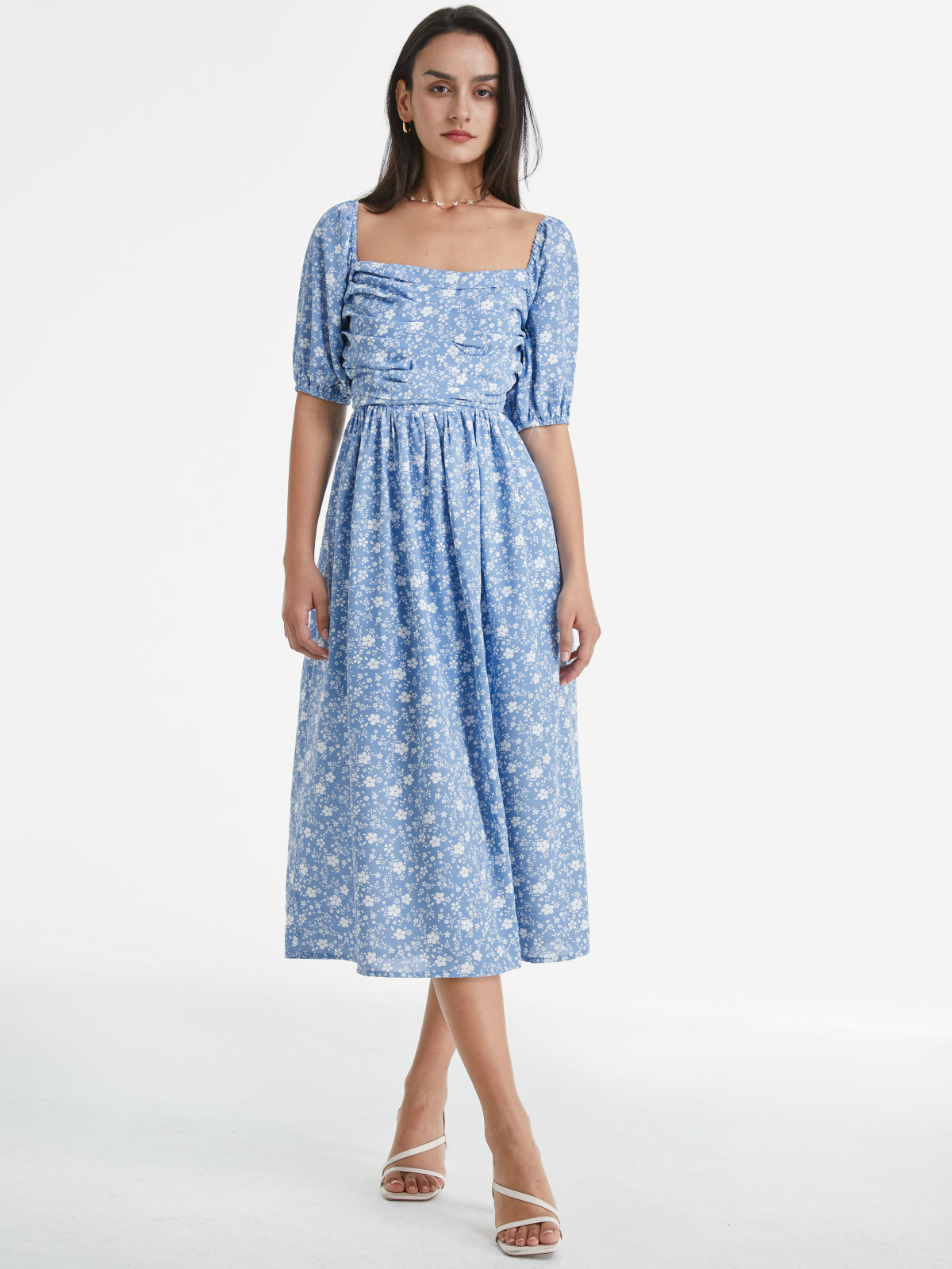 Thecomense - Square Neck Short Puff Sleeve Floral Cloud Midi A Line Dress