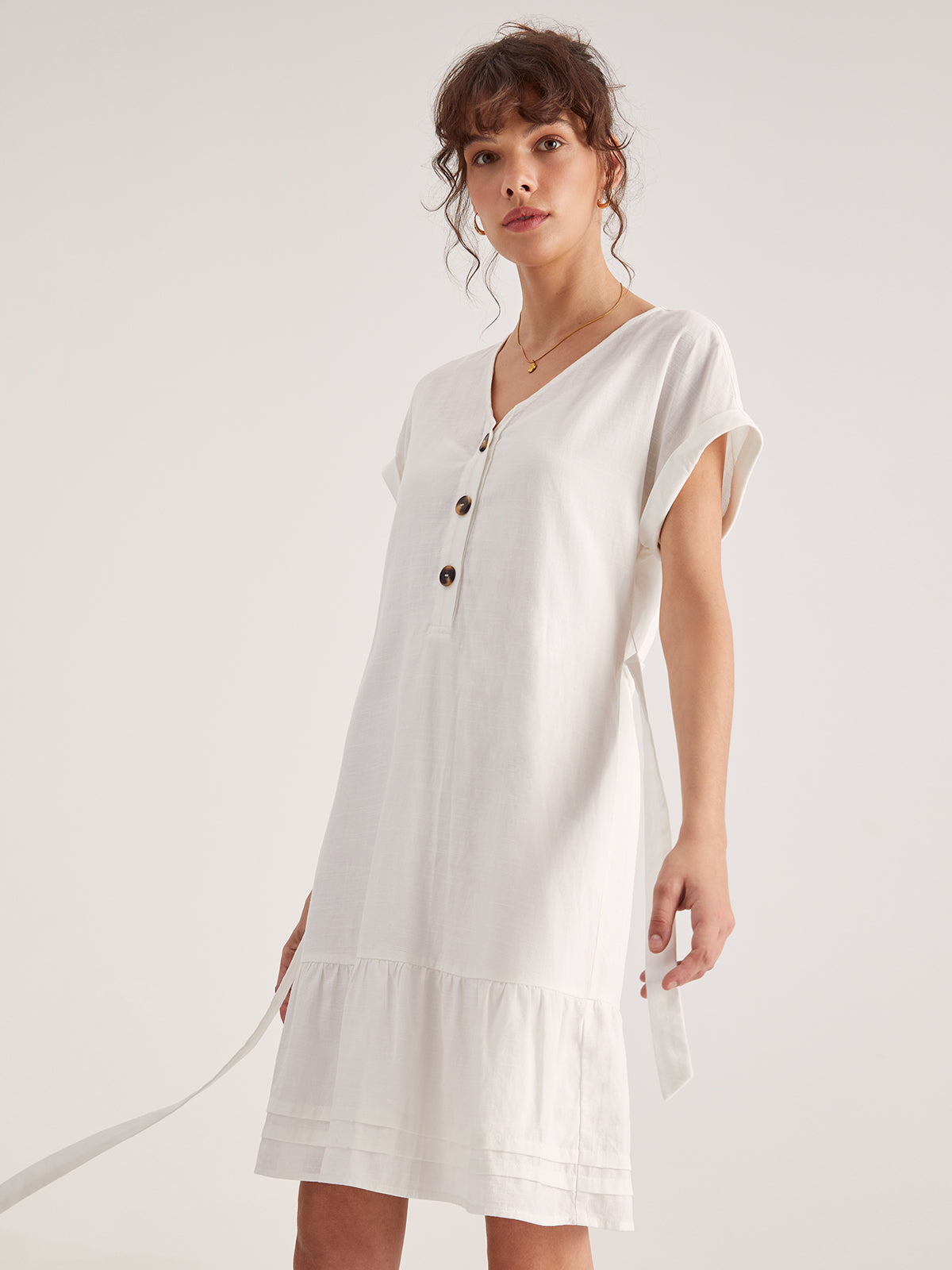 Thecomense - Folded Sleeve Button Belted Short Dress