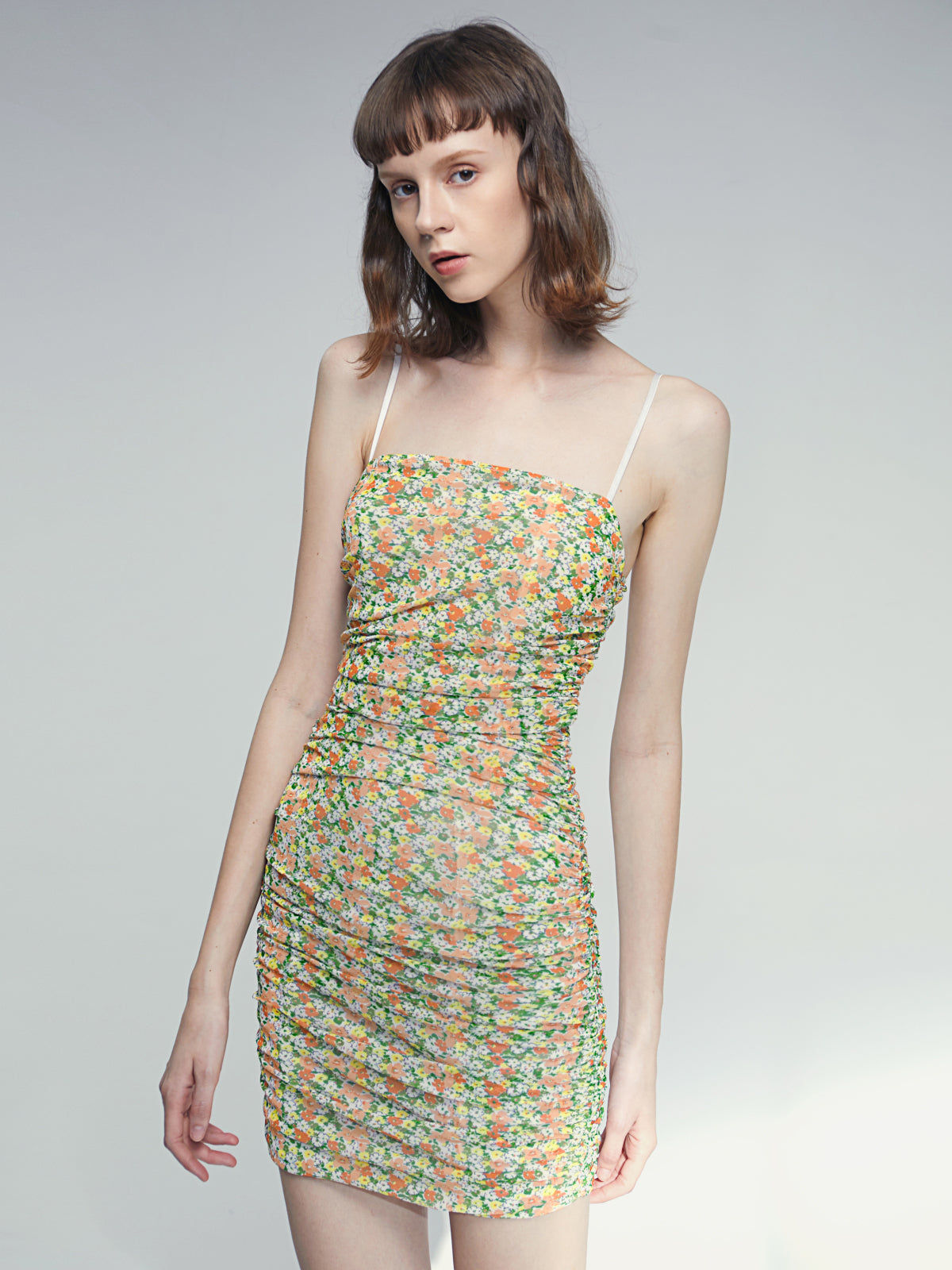 Thecomense - Floral Garden Side Ruche Mini Strap Dress