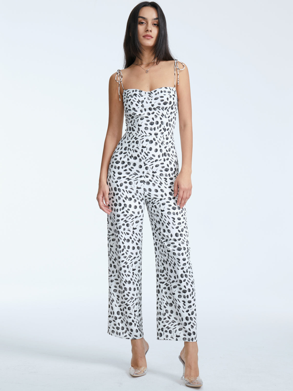Thecomense - Tie Strap Contrast Print Wide Leg Jumpsuit