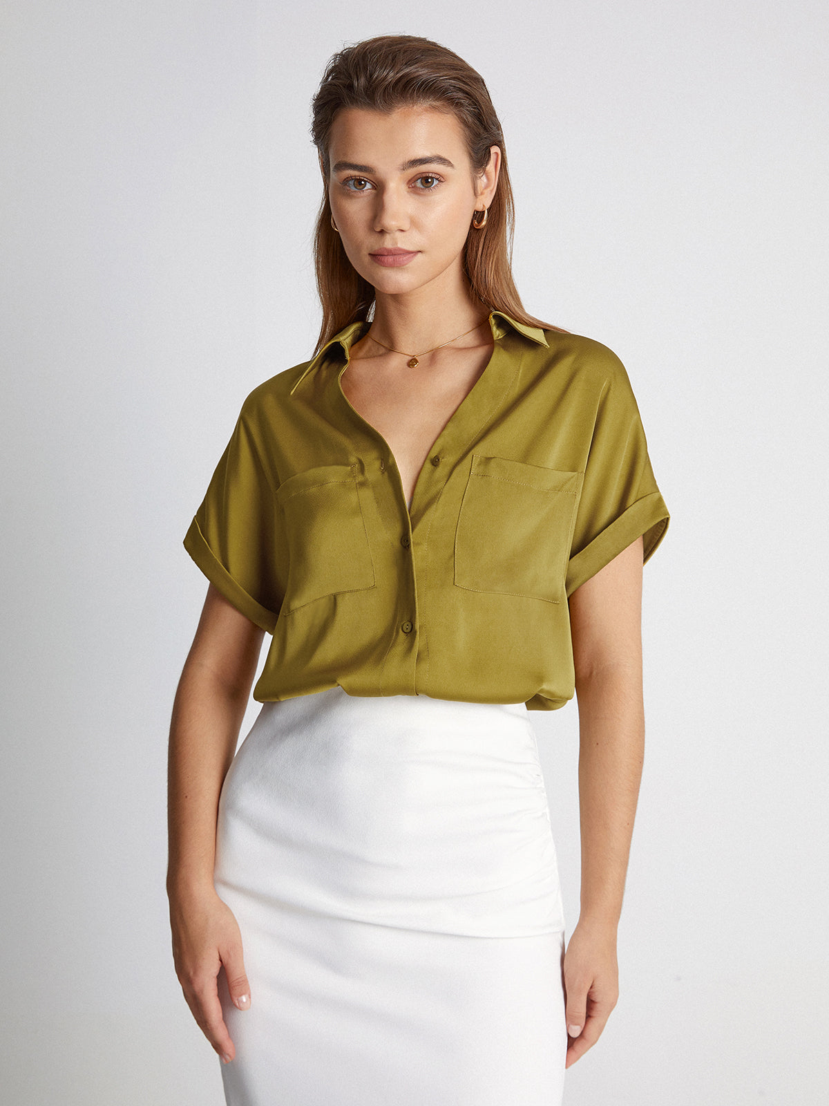 Thecomense - Double Pocket Satin Button Up Short Sleeve Shirt