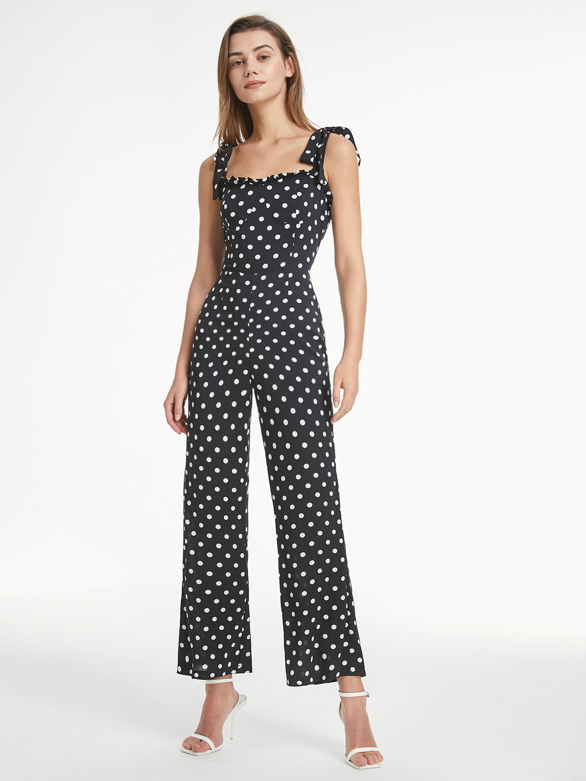 Thecomense - Square Neck Contrast Polka Dot Flare Leg Tank Jumpsuit