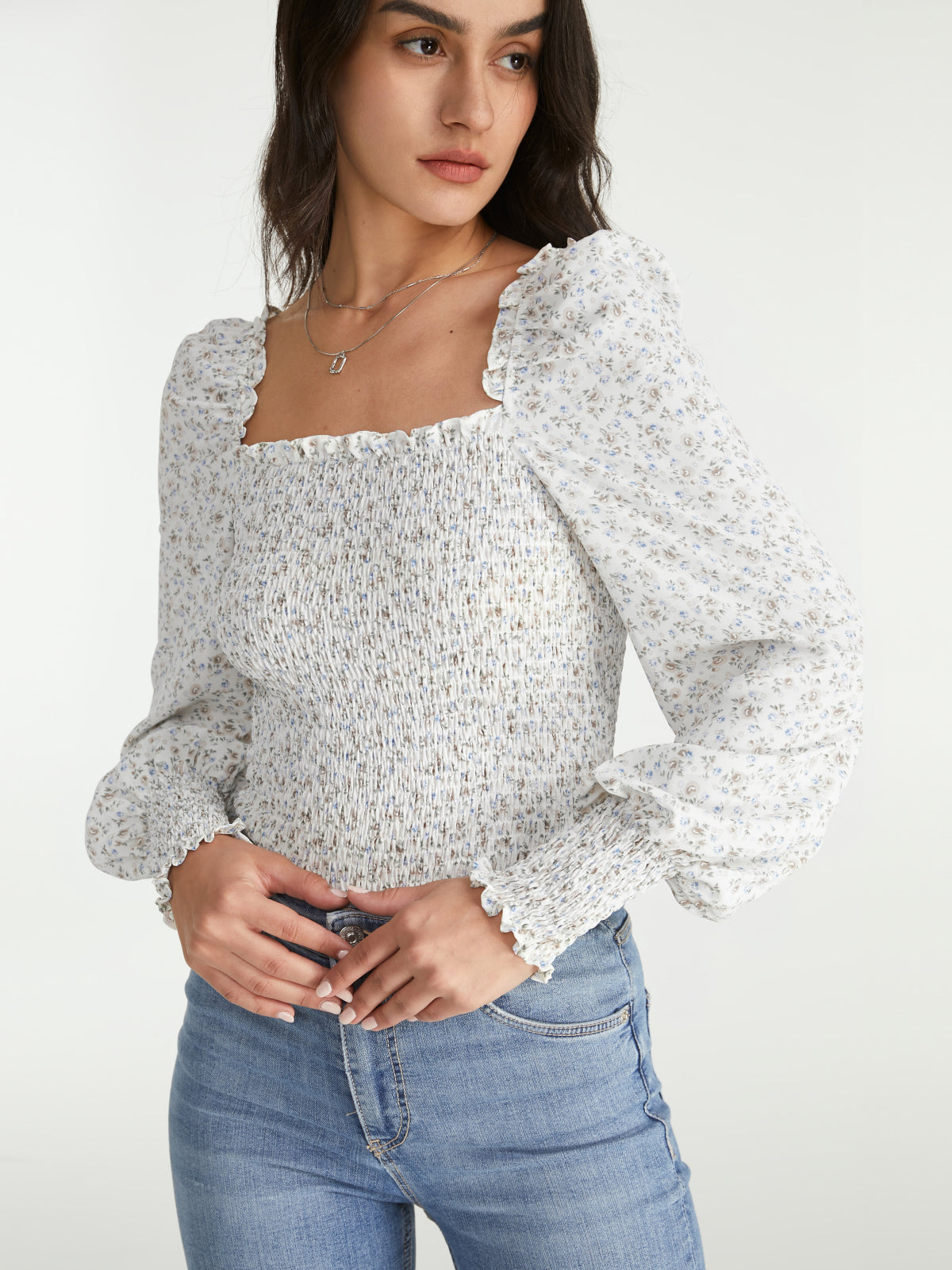 Thecomense - Ruffle Square Neck Light Flora Long Puff Ruche Sleeve Top