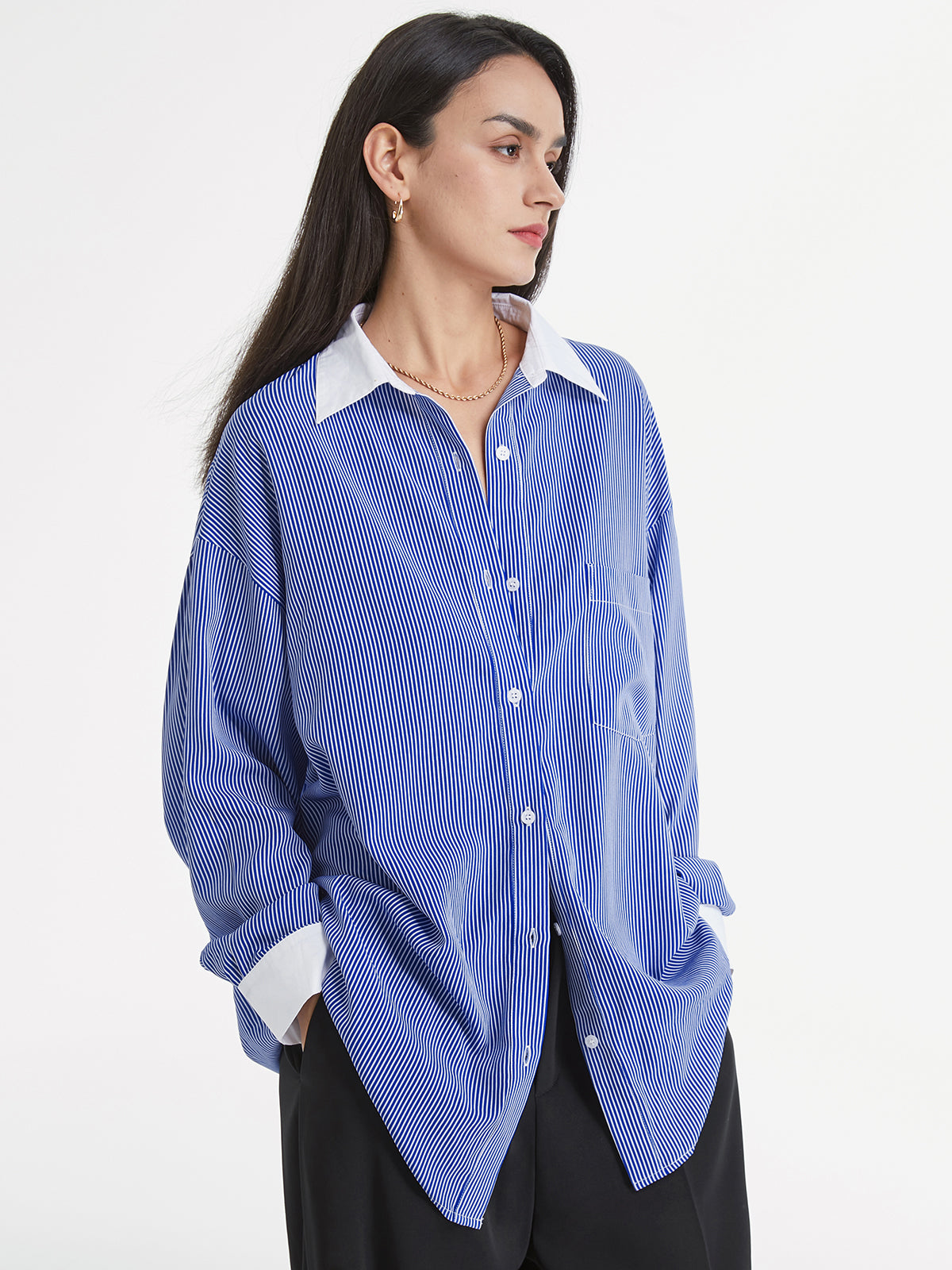 Thecomense - Striped Contrast Collar Cuff Oversized Dress Shirt