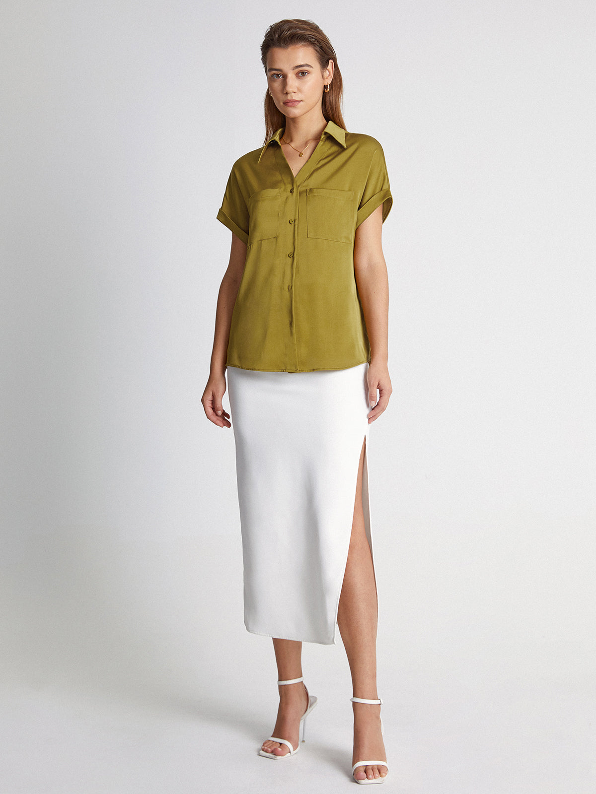 Thecomense - Double Pocket Satin Button Up Short Sleeve Shirt
