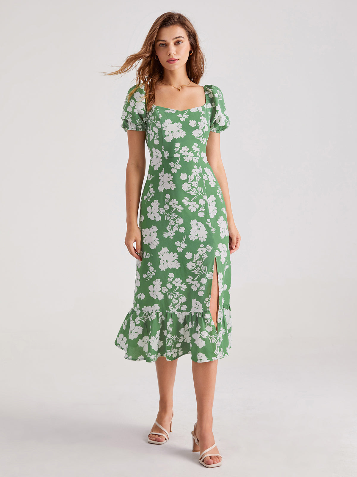 Thecomense - Puff Sleeve Floral Ruffle Midi Dress
