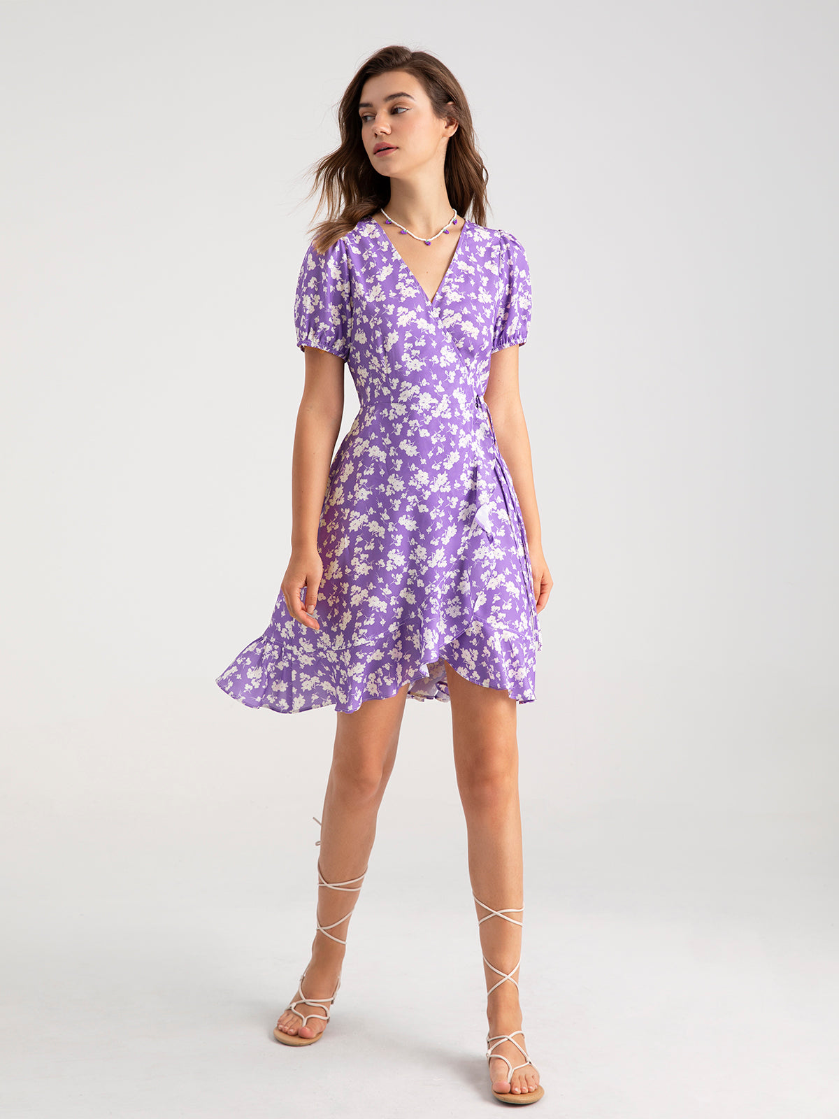 Thecomense - Mauve Sweetheart Floral Ruffle Side Tie Dress