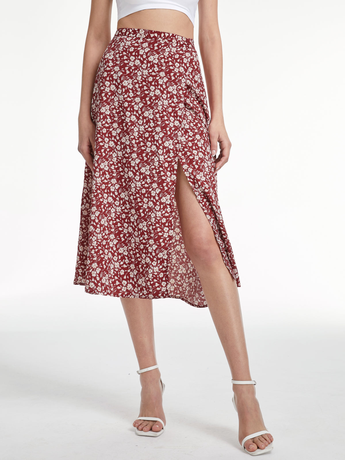 Thecomense - High Waisted Floral Slit Midi Skirt