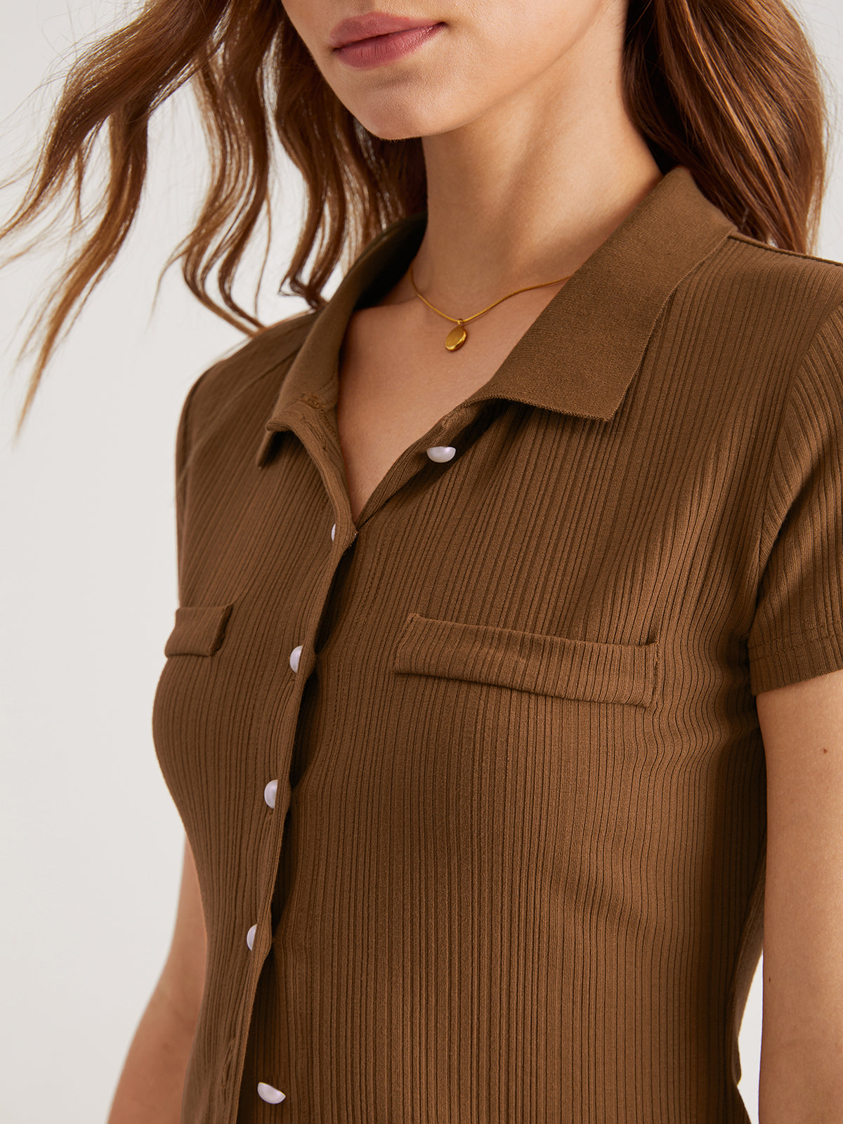 Thecomense - Collared Rib Button Up Short Sleeve Top
