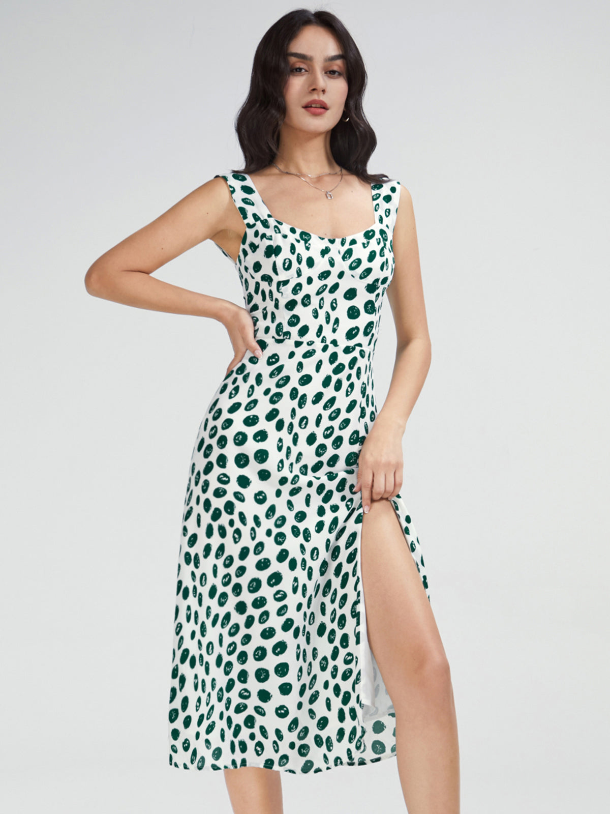 Thecomense - Square Neck Printed Dress with Side Slit