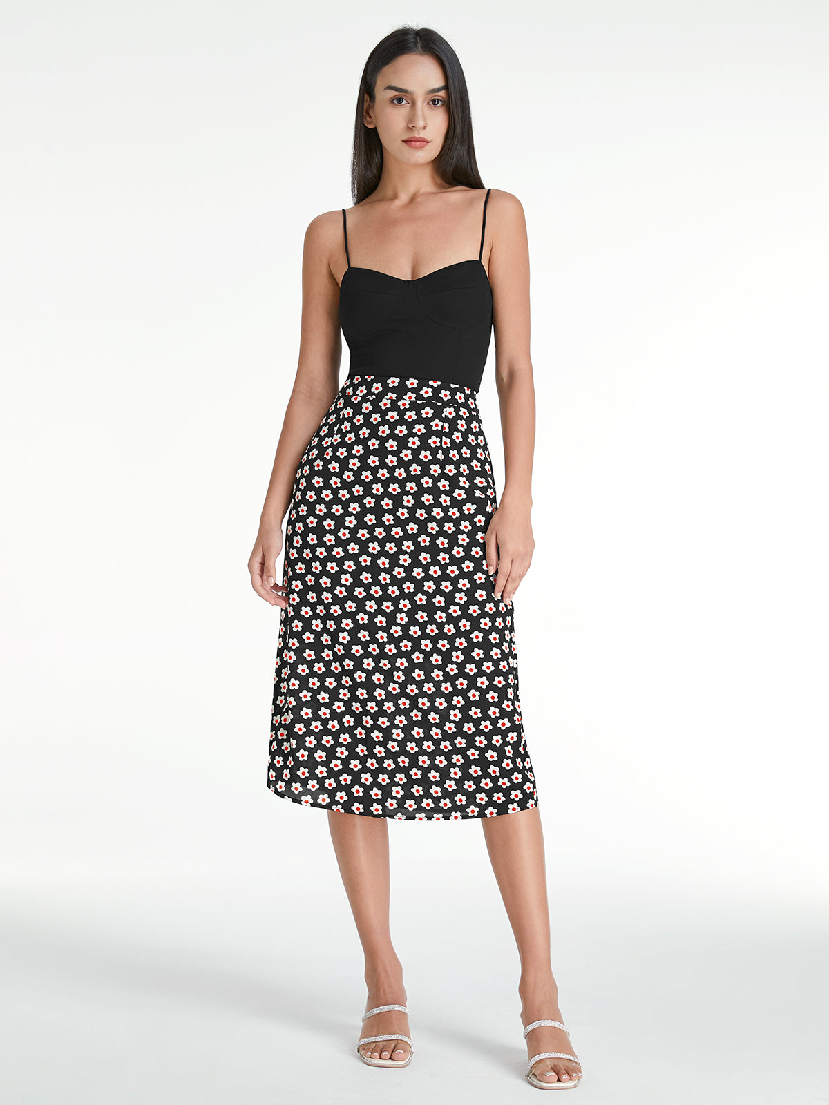 Thecomense - High Waisted Dark Floral Midi Skirt