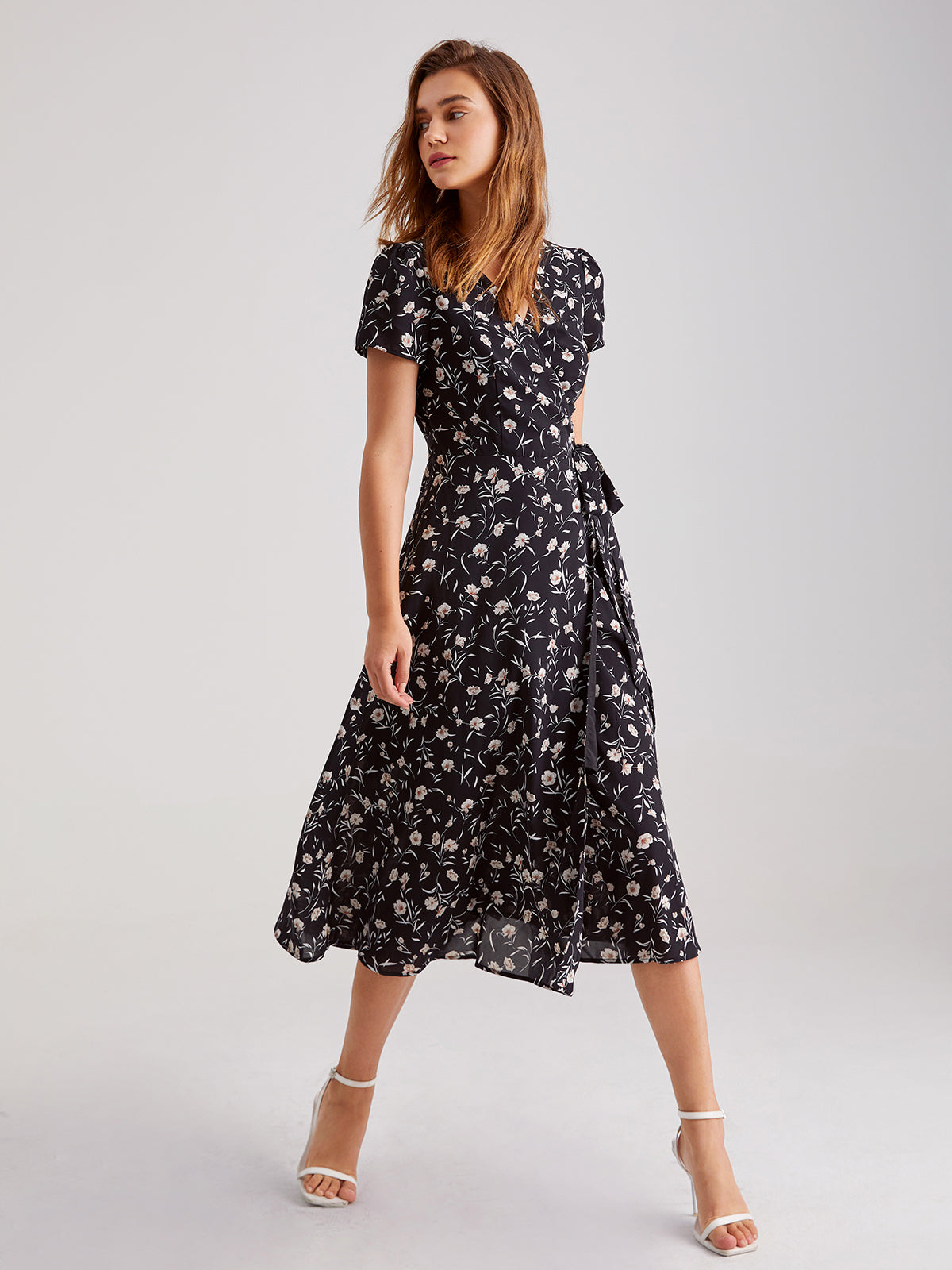 Thecomense - V-Neck Floral Tie Wrap Dress