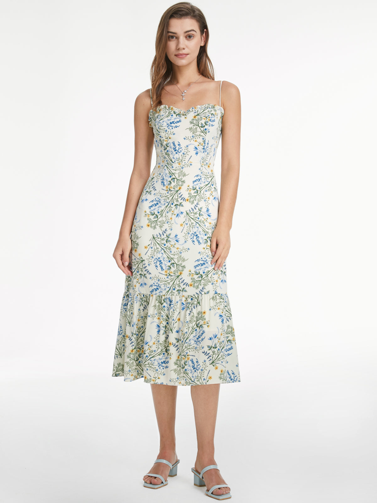 Thecomense - Sweetheart Ruffle Hem Island Floral Tiered Maxi Strap Dress