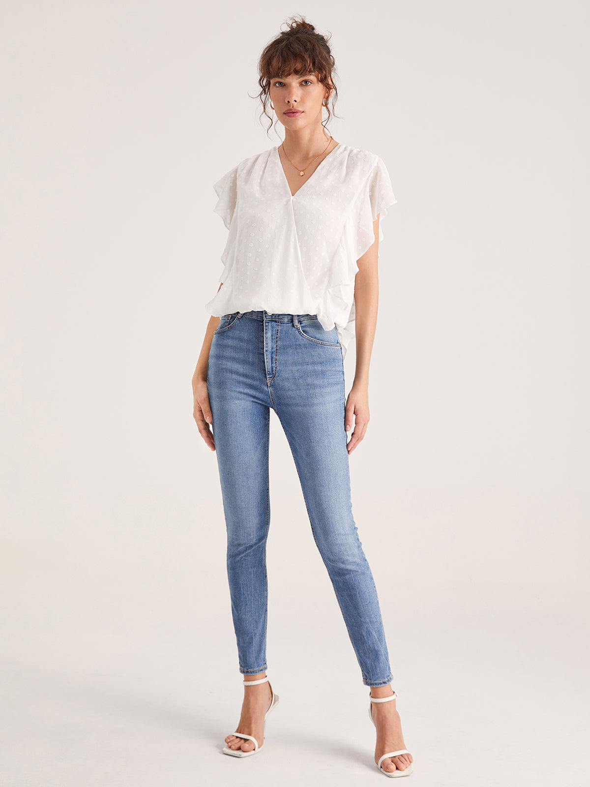 Thecomense - V-Neck Polka Dot Flutter Sleeve Top
