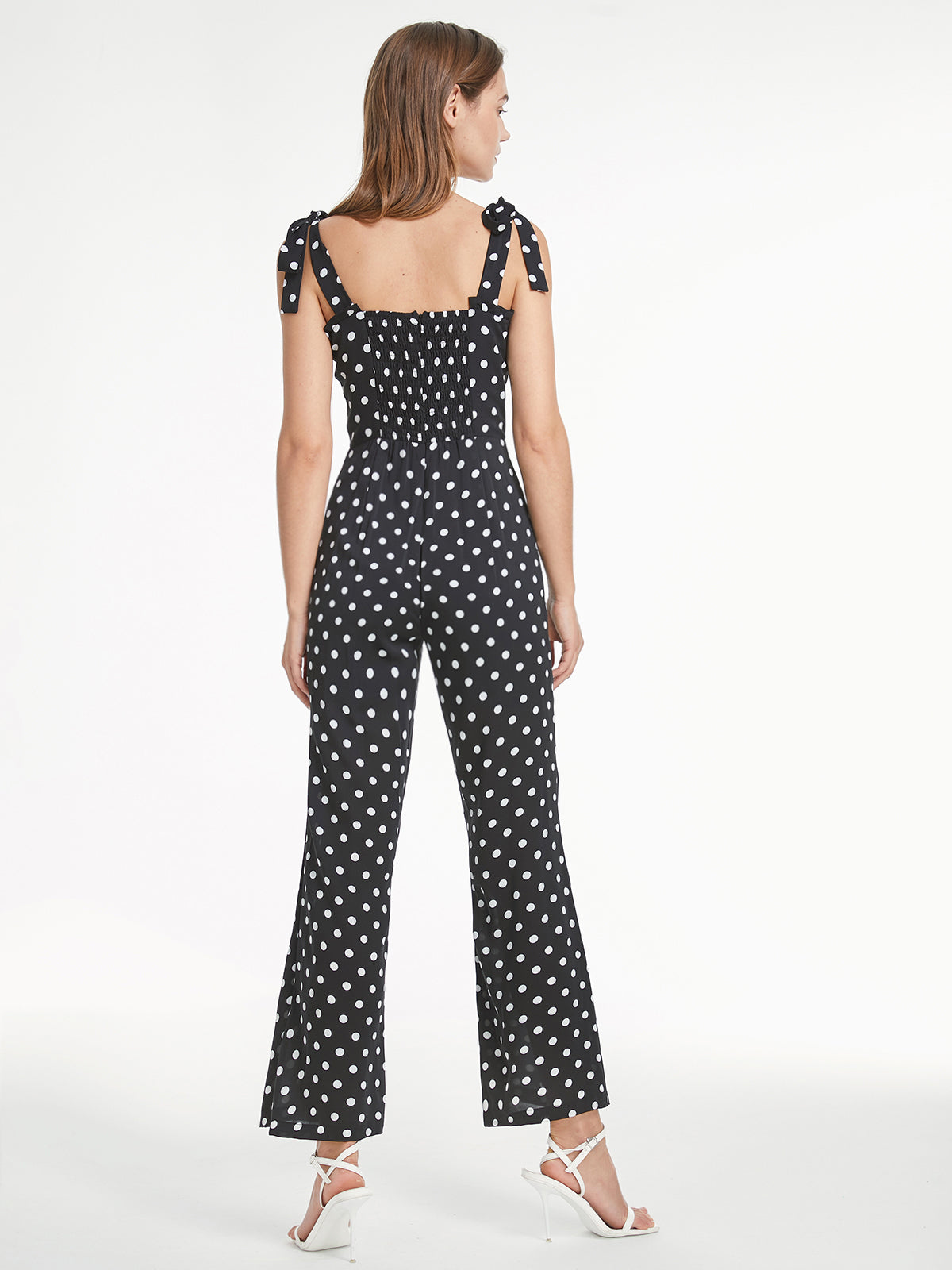 Thecomense - Square Neck Contrast Polka Dot Flare Leg Tank Jumpsuit