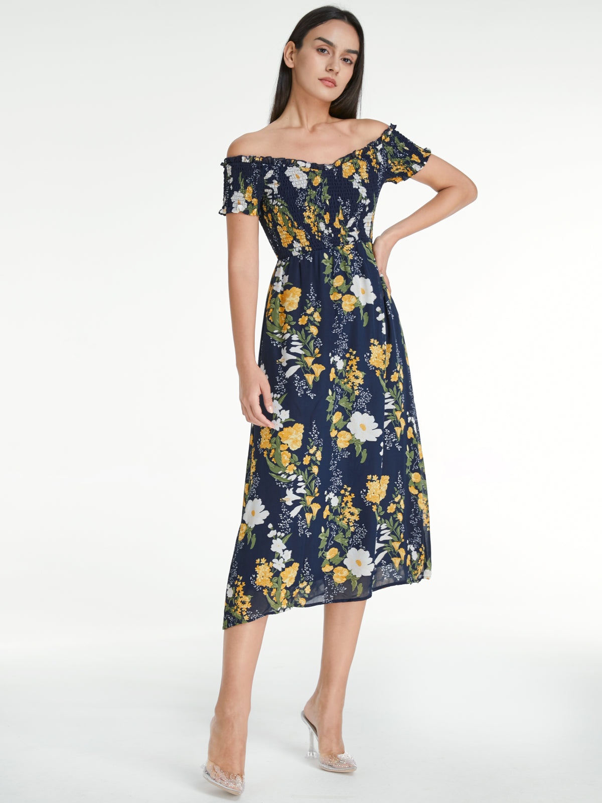 Thecomense - Off Shoulder Island Floral Ruffle Hem Mesh Midi Dress