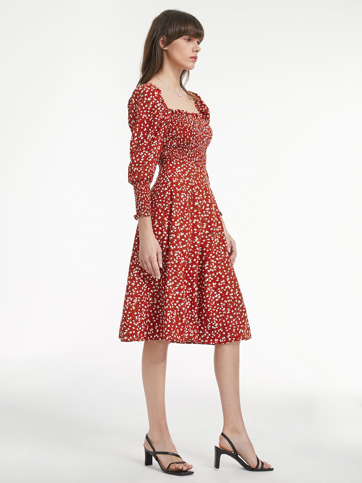 Thecomense - Long Puff Sleeve Square Neck Rosy Floral Ruche Dress