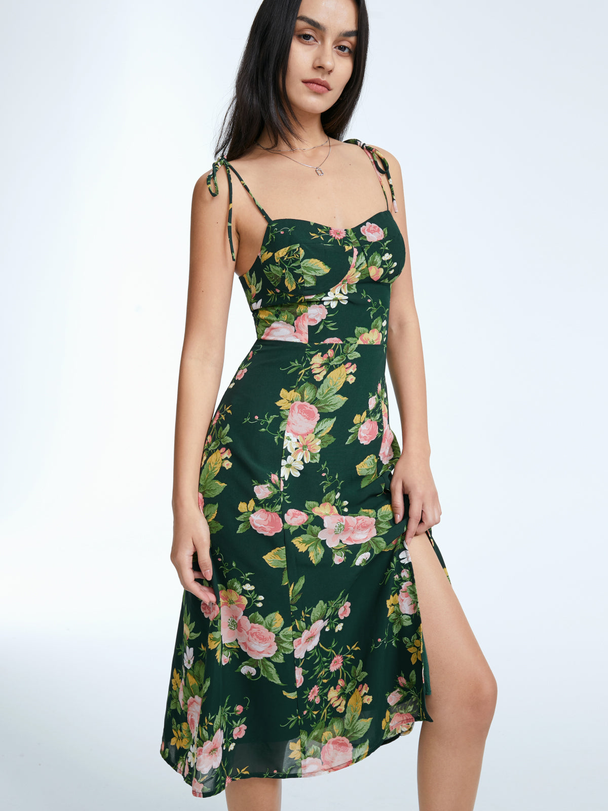 Thecomense - Floral Bloom Contour Midi Strap Dress
