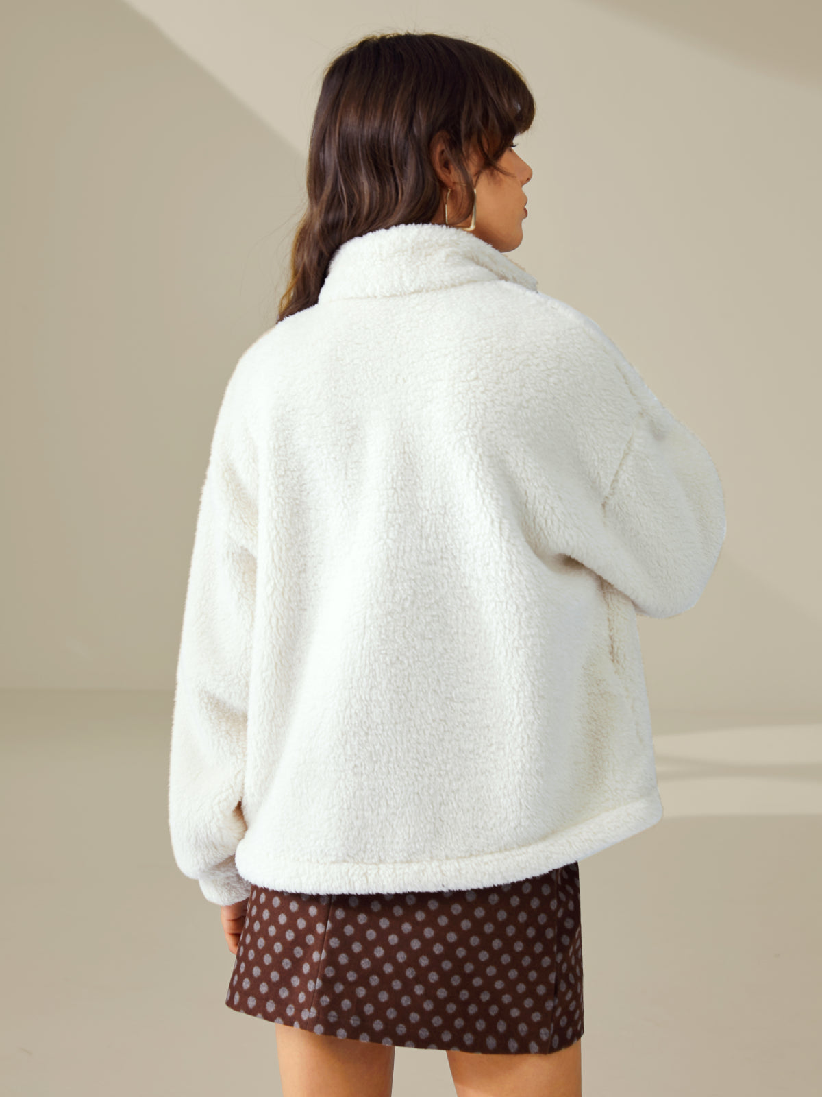 Thecomense - Cozy Drop Shoulder Sherpa Zip Up Funnel Neck Jacket