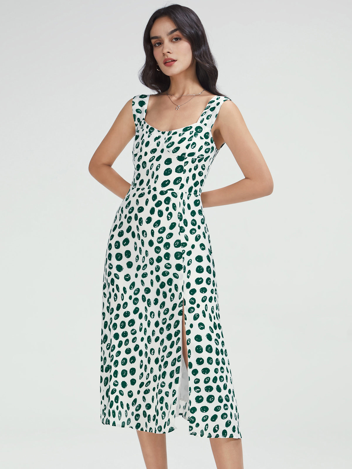 Thecomense - Square Neck Printed Dress with Side Slit