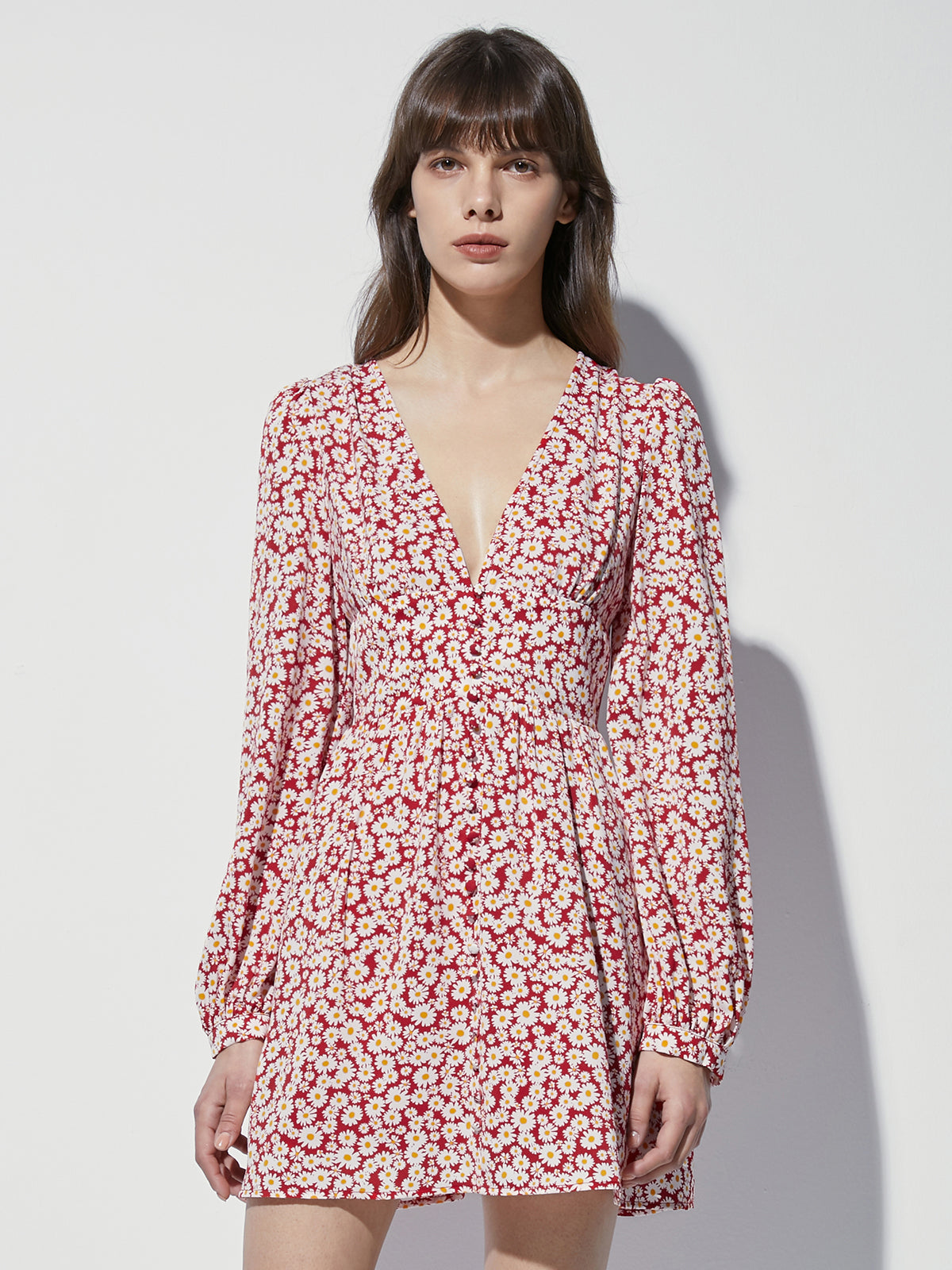 Thecomense - Long Sleeve Mini Floral V Neck Cinched Mini A Line Dress