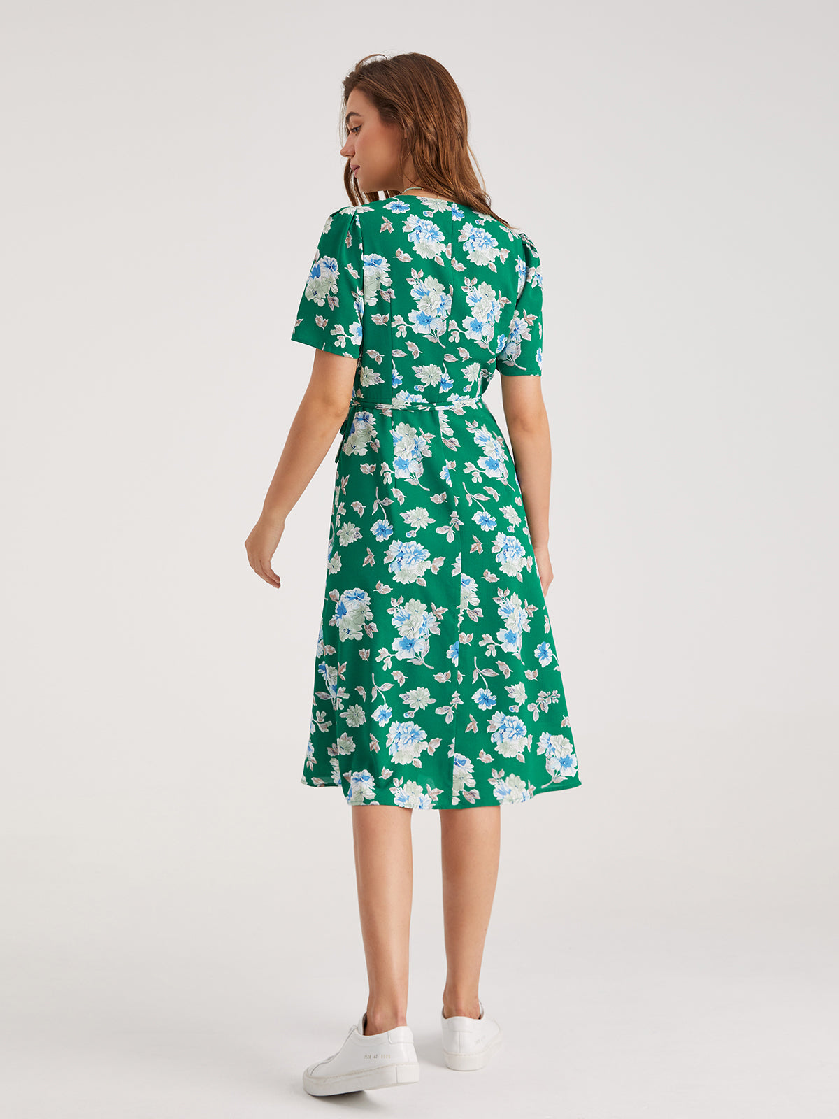 Thecomense - Short Sleeve Floral Contrast Midi Slit Dress