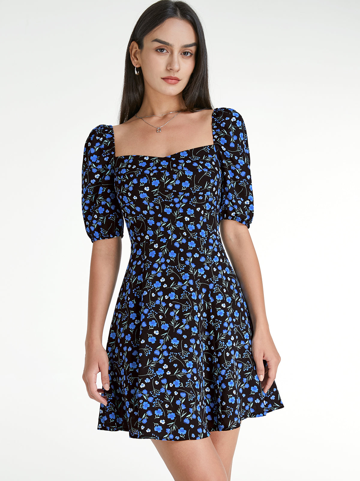 Thecomense - Square Neck Short Puff Sleeve Dark Floral Mini Dress