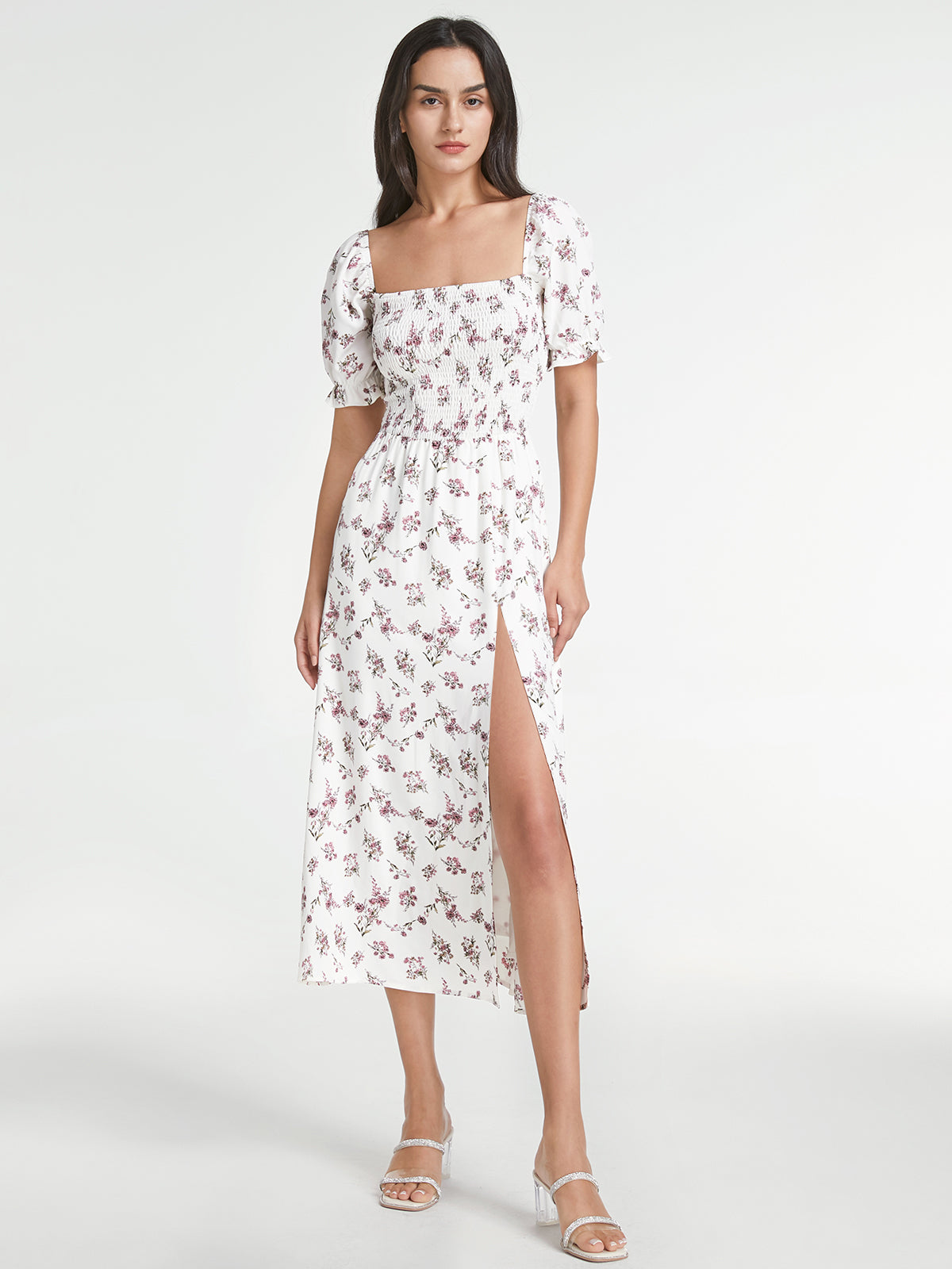 Thecomense - Square Neck Short Puff Sleeve Smocked Floral Midi Slit Dress