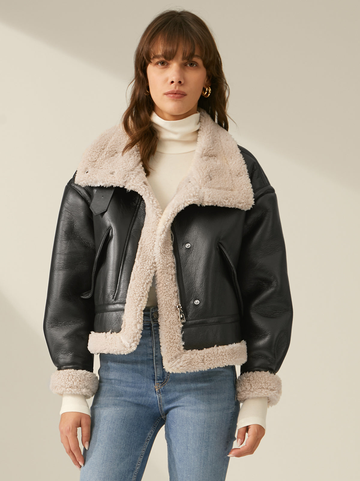 Thecomense - Sherpa Lined Shearling Leather Flight Jacket