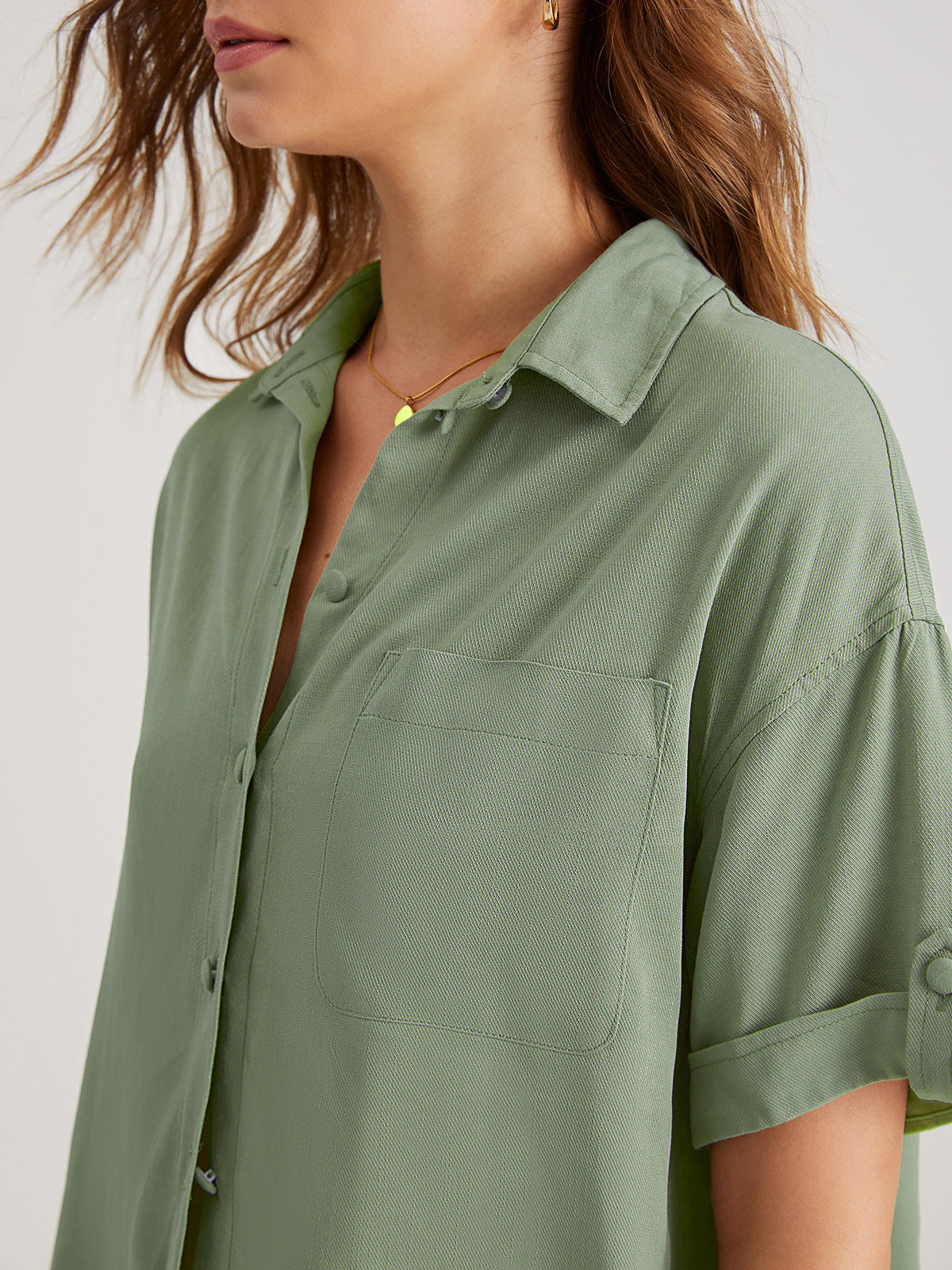 Thecomense - Folded Sleeve Relaxed Fit Button Up Shirt