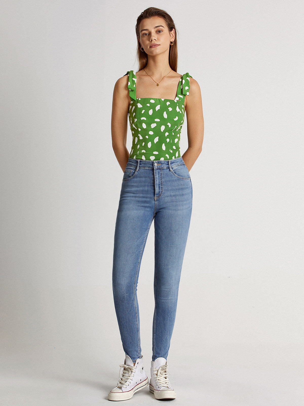 Thecomense - Petals Print Zip Up Square Neck Top