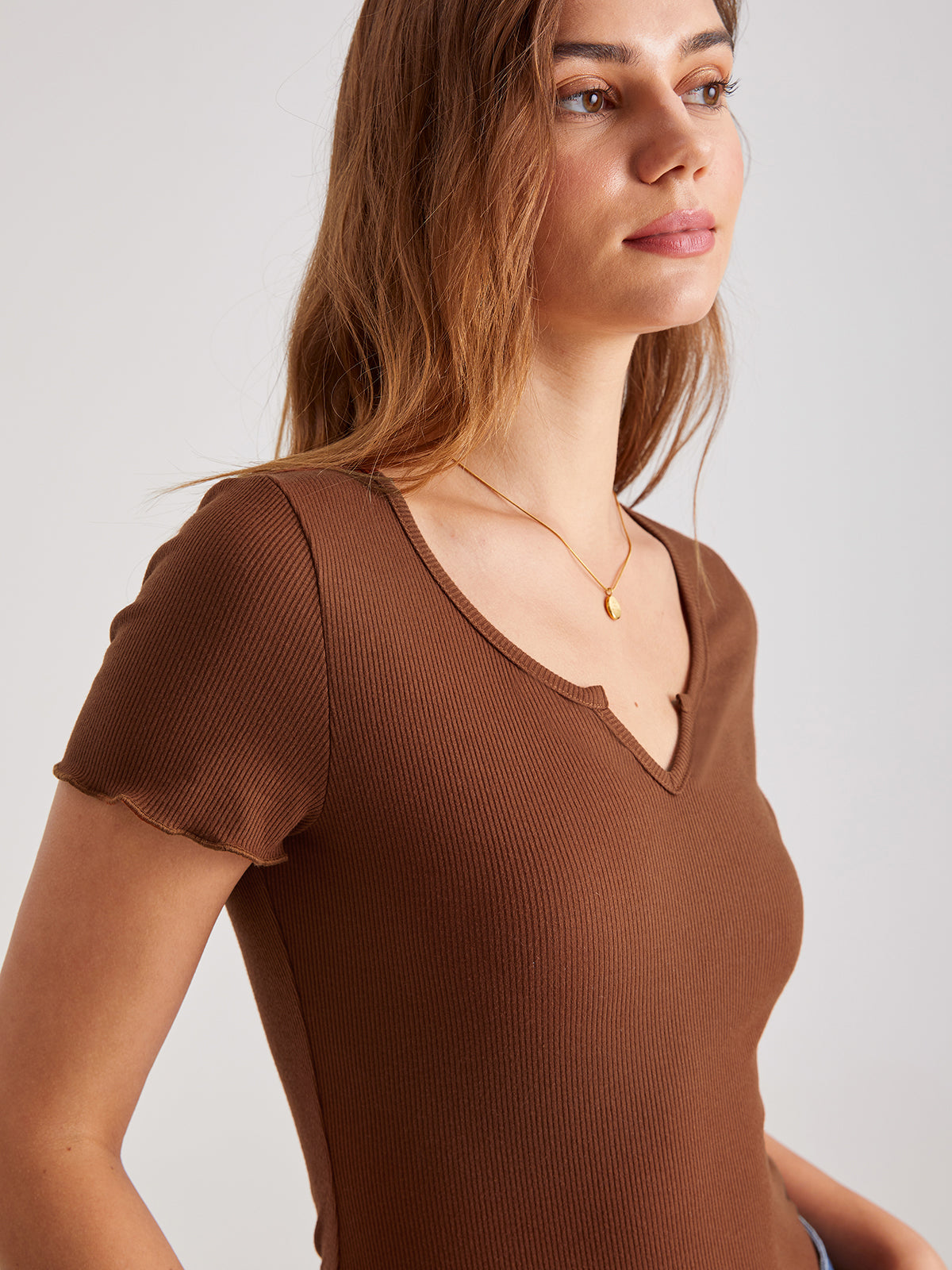 Thecomense - Rib Ruffle Hem Short Sleeve Top